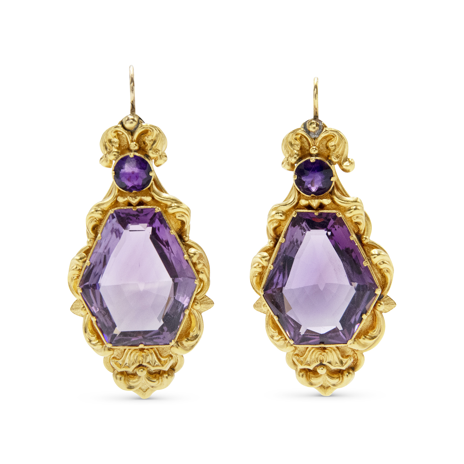 19th Century Yellow Gold and Amethyst Pendant Earrings, Style FL24012