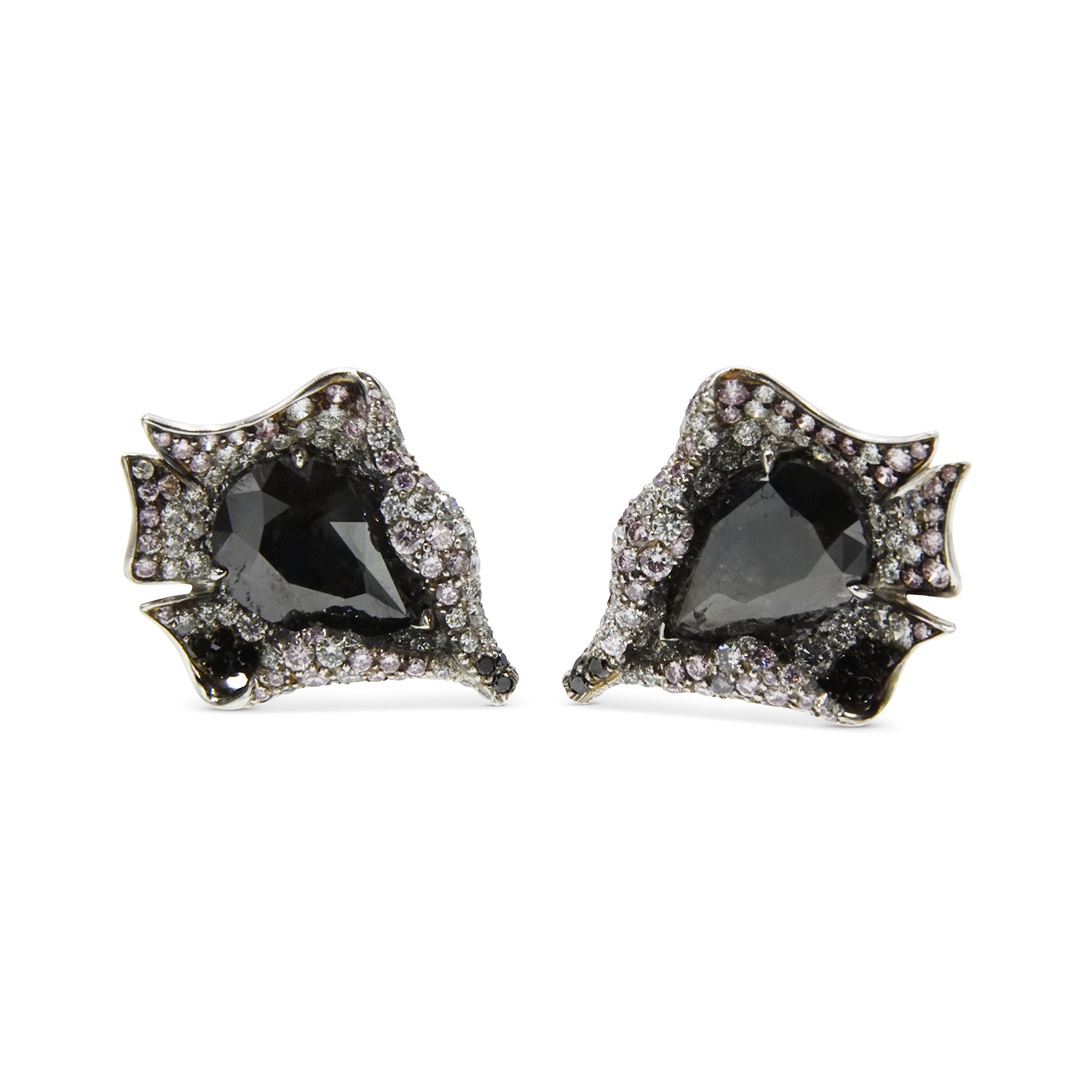 Natural Black Diamond and Fancy Color Diamond Abstract Flower Earrings Signed Fred Leighton, Style FL31235