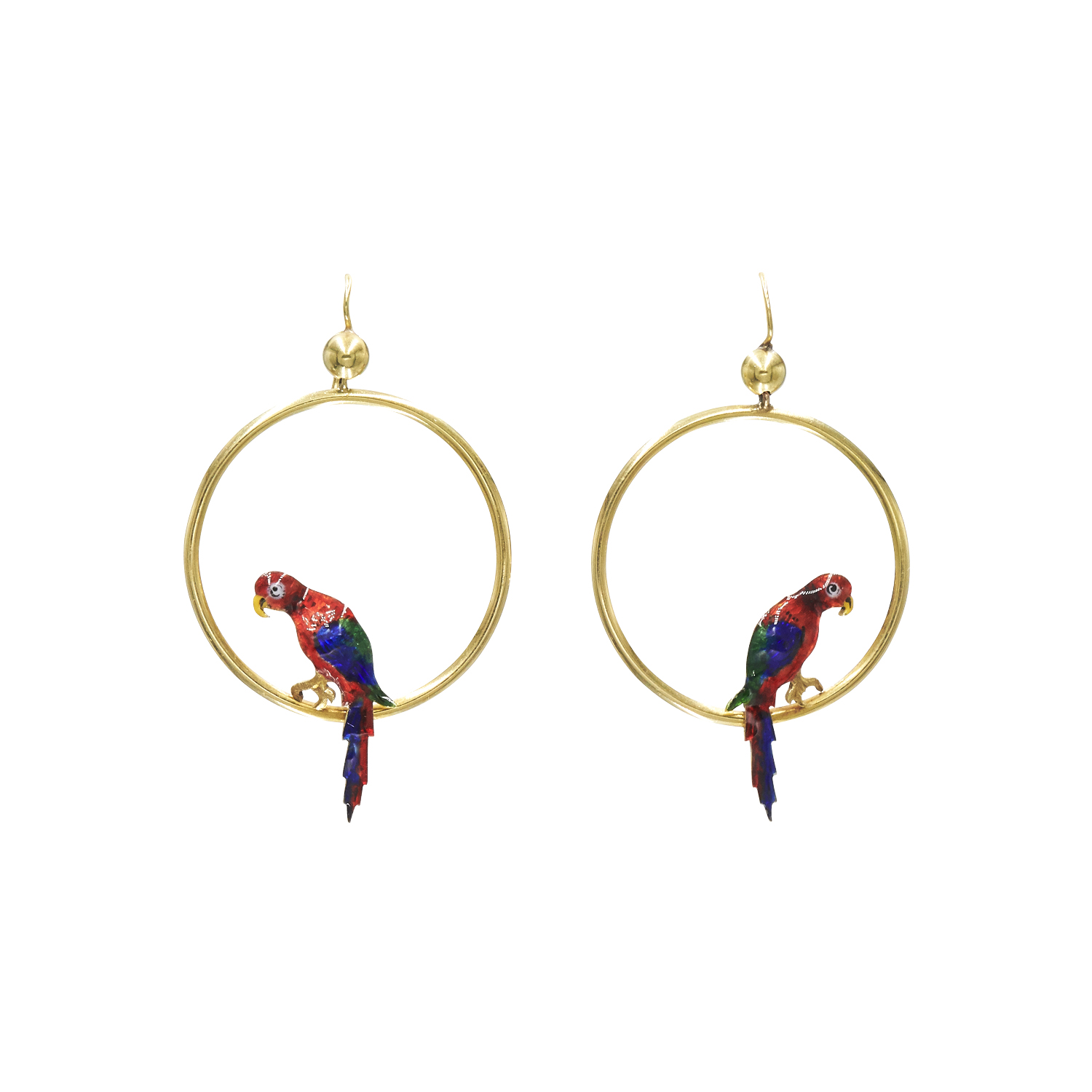 15K Yellow Gold Enamel Parrot Hoop Earrings Style E-36705-FL-0-0