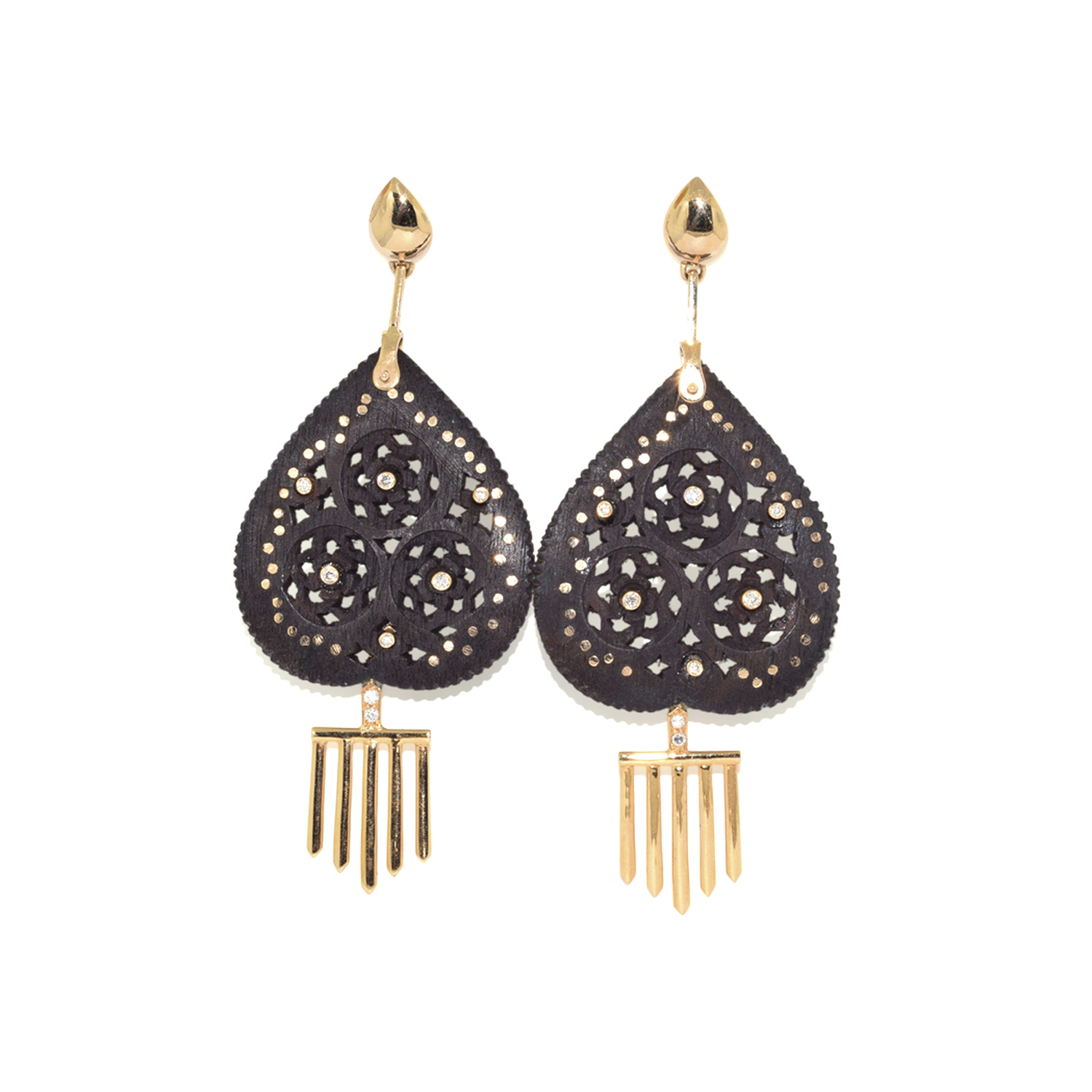 18K Yellow Gold, Ebony Wood and Diamond Pendant Earrings by Hanut Singh, Serial FL39435
