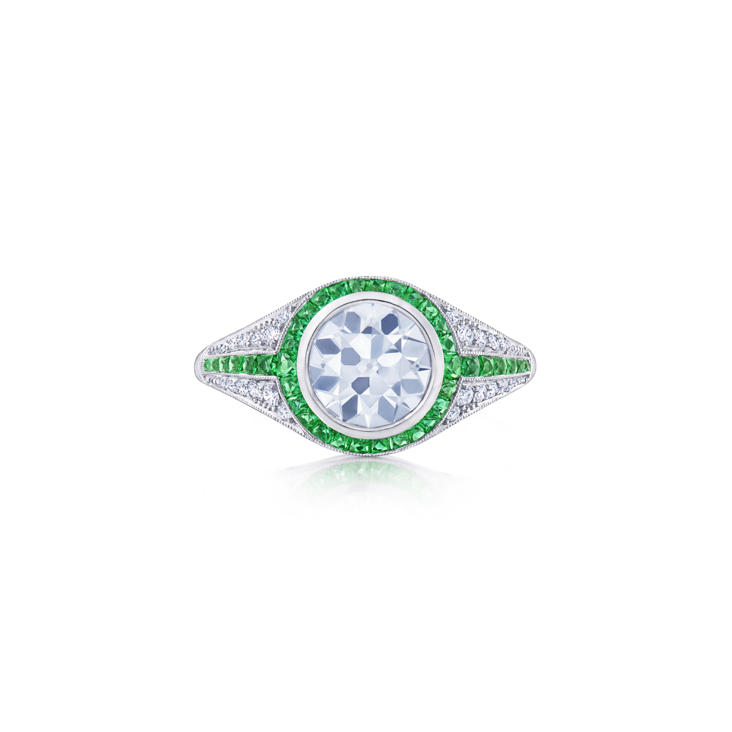 Engagement Ring with a Fred Leighton Round Diamond, Pavé and Emeralds in Platinum, Style F-1068FLOE-0-DIAEME-PLAT