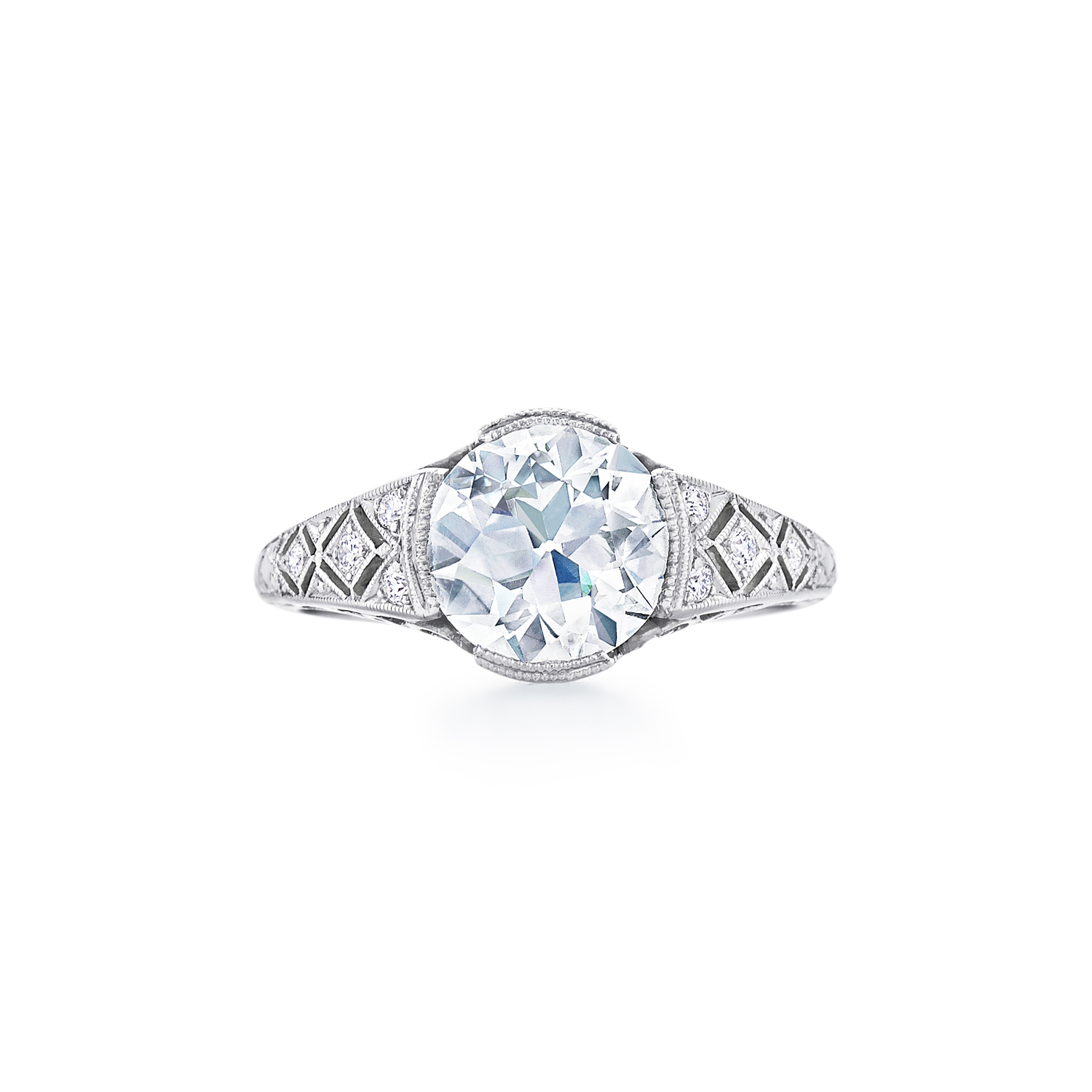 Fred Leighton Round Diamond Engagement Ring with Crosshatch Filigree in Platinum, Style F-1009FLOE-0-DIA-PLAT