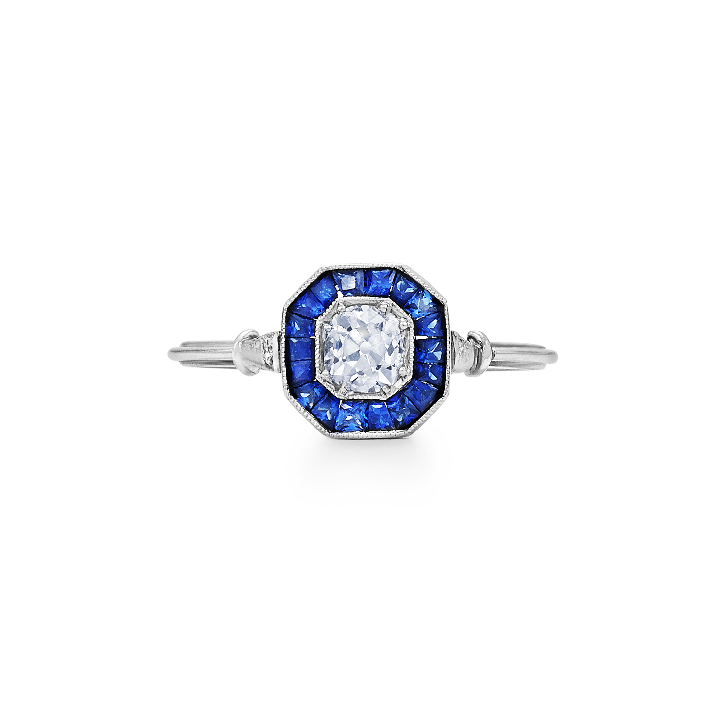 Old European Cut Diamond Engagement Ring with Sapphire Calibre Halo in Platinum, Style F-1028FLOE-0-DIASAP-PLAT
