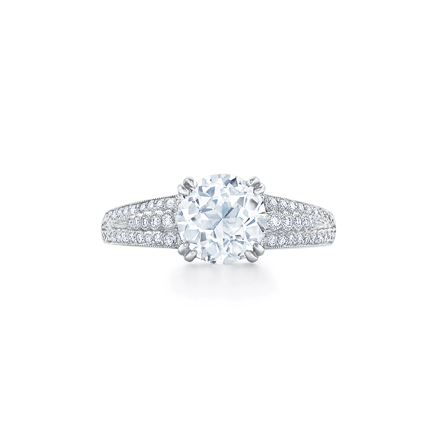 Fred Leighton Round Diamond Engagement Ring with a Three Row Band in Platinum, Style F-1041FLOE-0-DIA-PLAT
