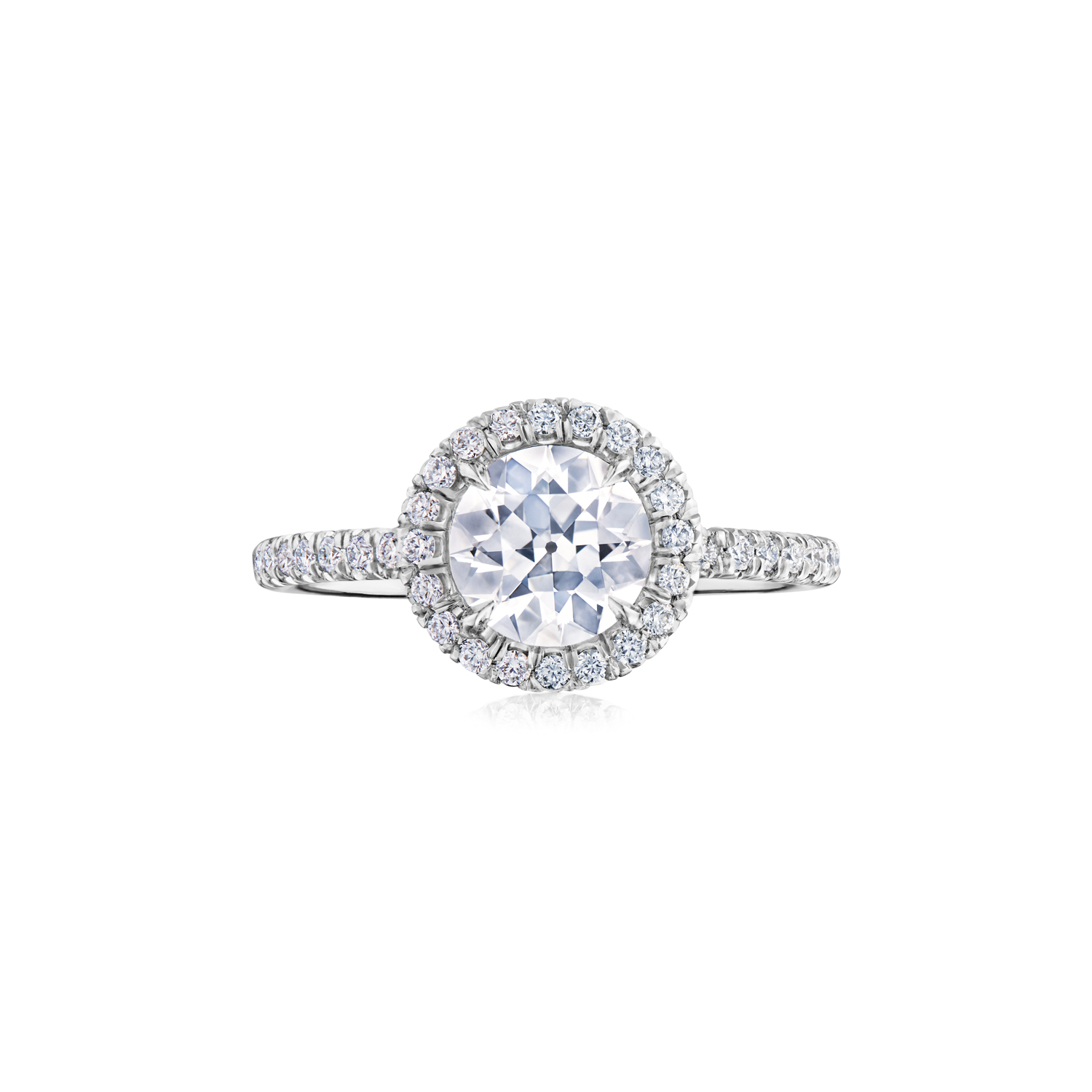 Round Rose Cut Diamond Engagement Ring with a Pave Diamond Halo in Platinum, Style F-1019FLRCA-0-DIA-PLAT