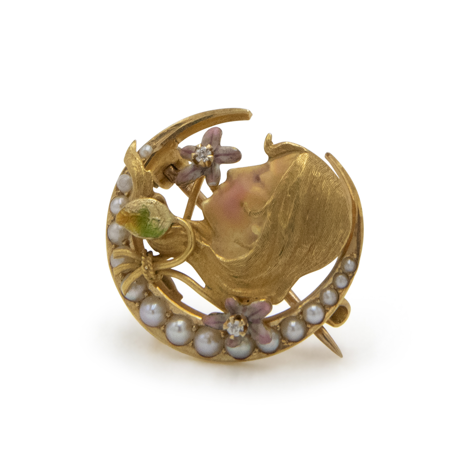 14K Yellow Gold Enamel Pearl and Diamond Brooch by Krementz, Style FL22470