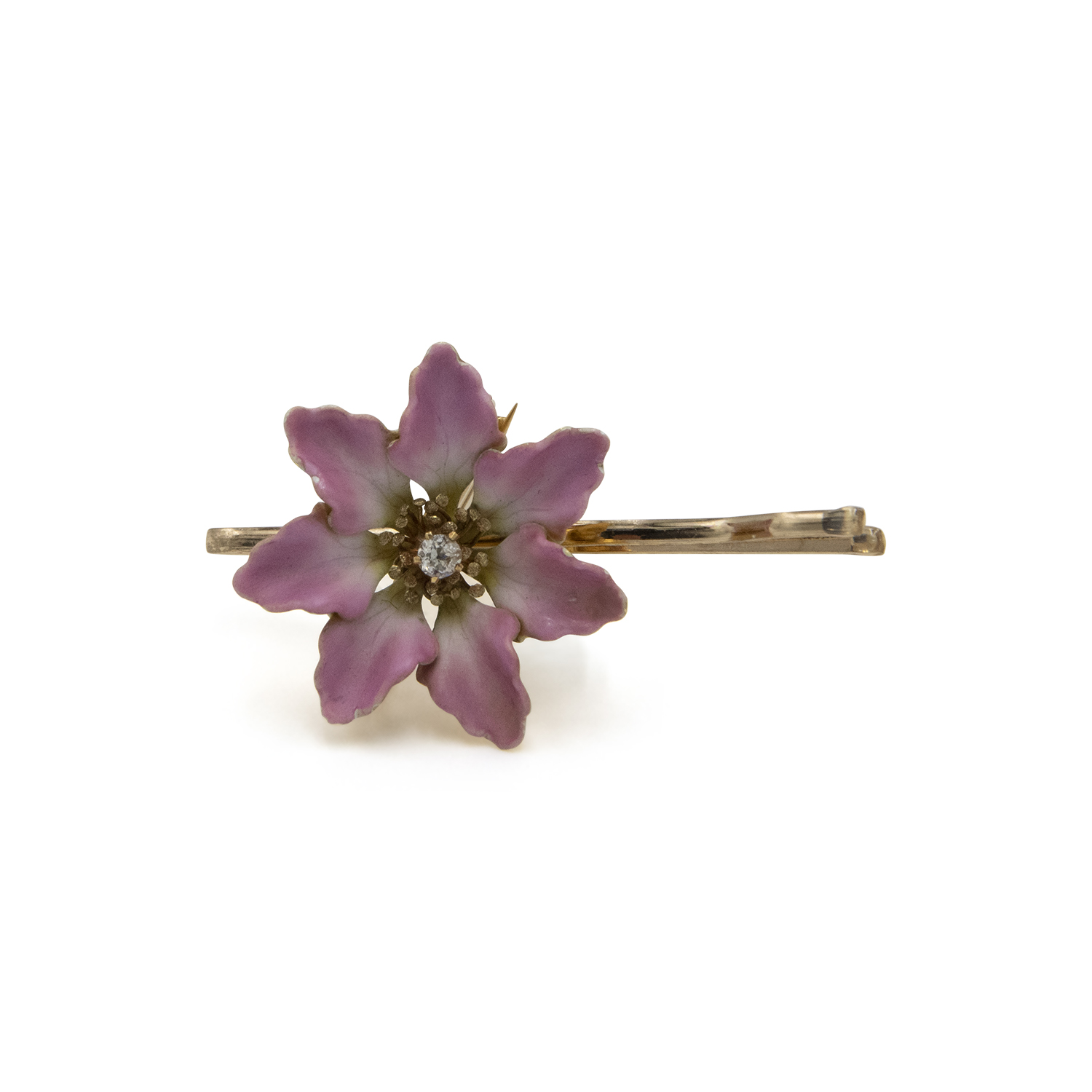 14K Yellow Gold Pink Enamel and Diamond Flower Brooch by Hedges & Co., Style FL27441