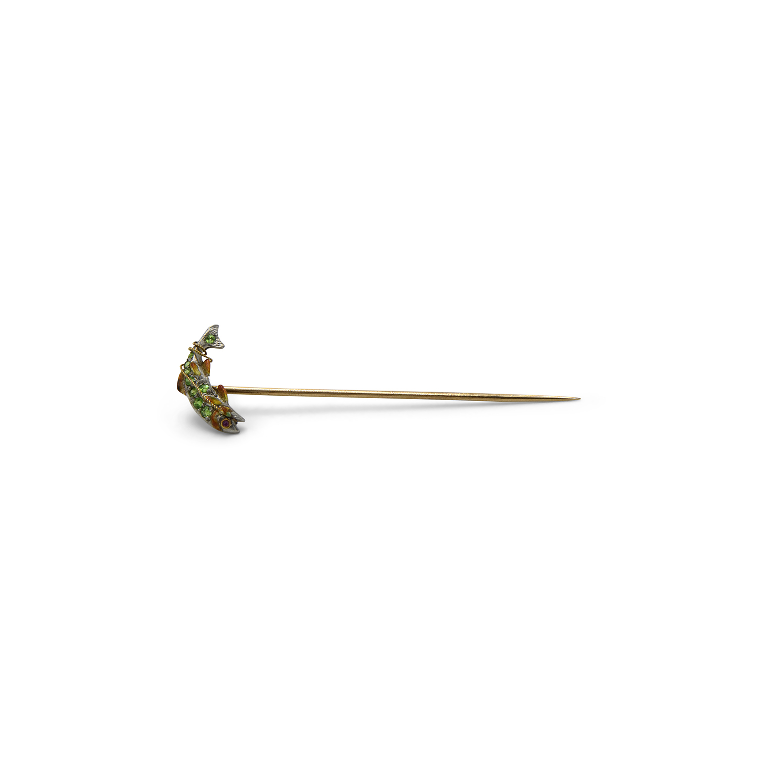 Antique Demantoid Garnet and Enamel Fish Stickpin, Style FL31591