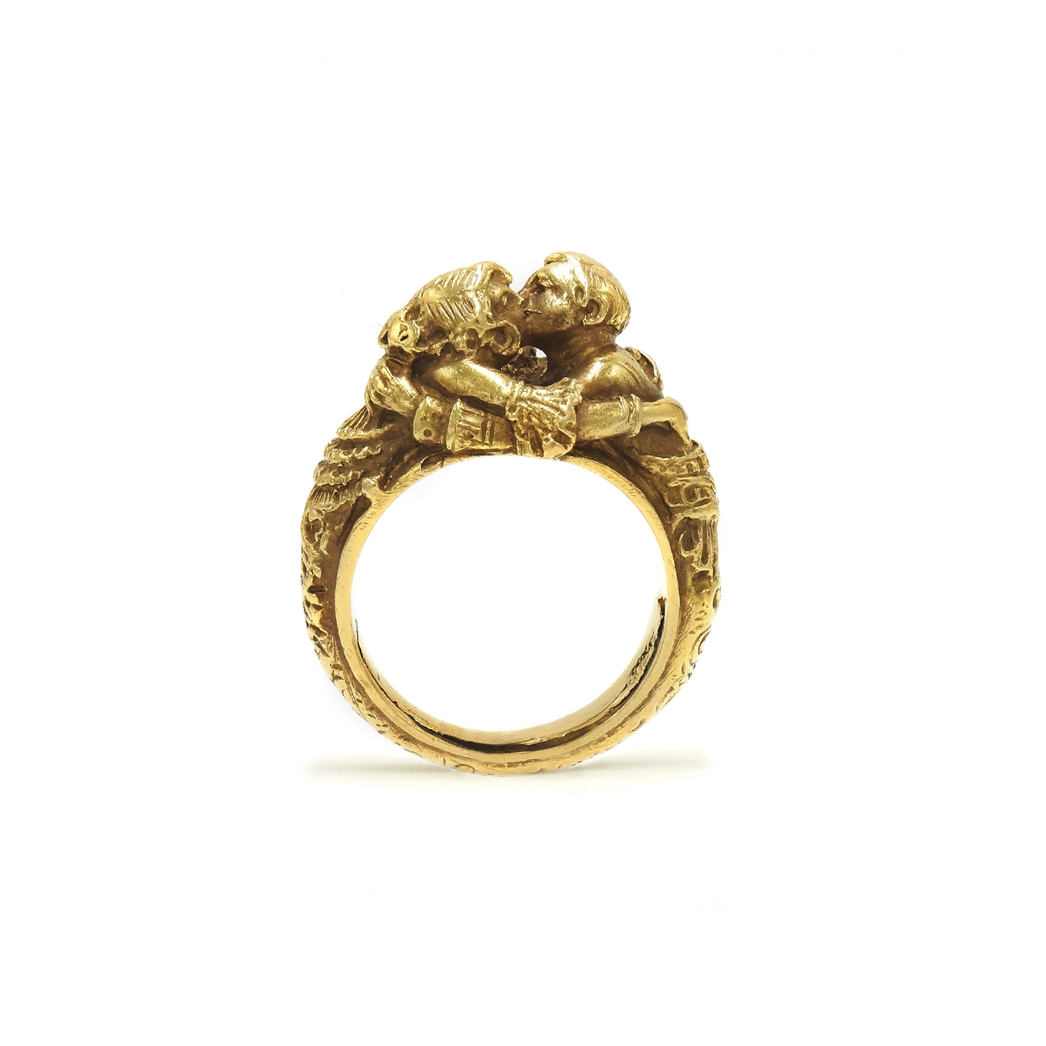 Antique 18K Yellow Gold Chased Lovers Embrace Ring Style R-24185-FL-0-0